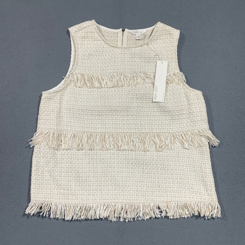 LOST APRIL Anthropologie Womens L Textured Fringe‎ Sleeveless Top Cream Gold